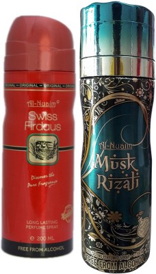 Al Nuaim Swiss Firdaus & Musk Rizali No Alcohol Deo Deodorant Spray  -  For Men(400 ml, Pack of 2)