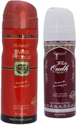 Al Nuaim Swiss Firdaus & White Oudh No Alcohol Deo Deodorant Spray  -  For Men(400 ml, Pack of 2)