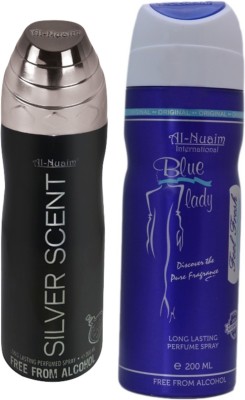 Al Nuaim Silver Scent & Blue Lady No Alcohol Deo Deodorant Spray  -  For Men(400 ml, Pack of 2)