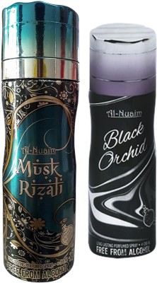 Al Nuaim Musk Rizali & Black Orchid No Alcohol Deo Deodorant Spray  -  For Men(400 ml, Pack of 2)