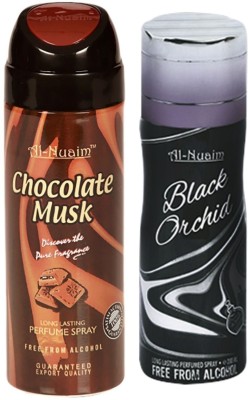 Al Nuaim Chocolate Musk & Black Orchid No Alcohol Deo Deodorant Spray  -  For Men(400 ml, Pack of 2)