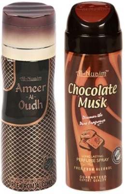 Al Nuaim Ameer-al-Oudh & Chocolate Musk No Alcohol Deo Deodorant Spray  -  For Men(400 ml, Pack of 2)