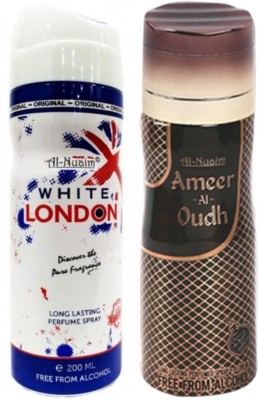 Al Nuaim White London & Ameer-al-Oudh No Alcohol Deo Deodorant Spray  -  For Men(400 ml, Pack of 2)