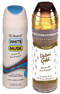 Al Nuaim White Musk & Dubai Gold No Alcohol Deo Deodorant Spray  -  For Men(400 ml, Pack of 2)