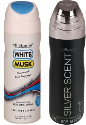 Al Nuaim White Musk & Silver Scent No Alcohol Deo Deodorant Spray  -  For Men(400 ml, Pack of 2)