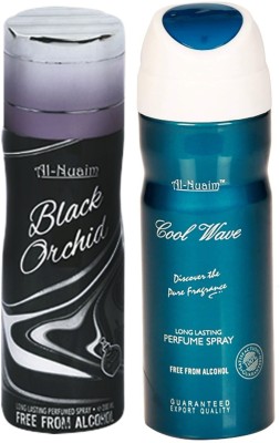 Al Nuaim Black Orchid & Blue Wave No Alcohol Deo Deodorant Spray  -  For Men(400 ml, Pack of 2)