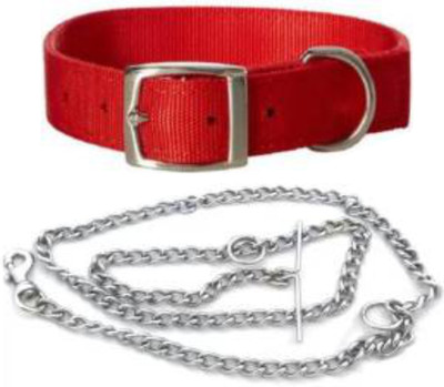 PEDIGONE Combo of 1 inch Red Dog Collar with Dog Chain 1.5m lengthy Dog Collar & Chain(Medium, Multi-color)