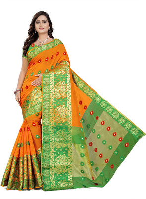 Cartyshop Self Design Banarasi Silk Blend, Cotton Blend Saree(Orange)