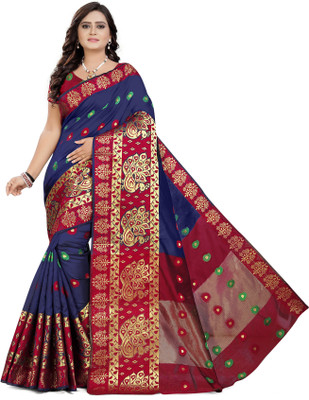 Cartyshop Self Design Banarasi Silk Blend, Cotton Blend Saree(Blue)