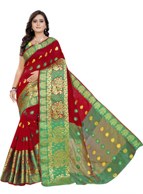 Cartyshop Self Design Banarasi Silk Blend, Cotton Blend Saree(Red)