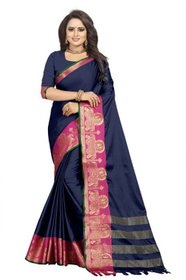 Hensi sarees shop Solid/Plain Paithani Jacquard Saree(Dark Blue)