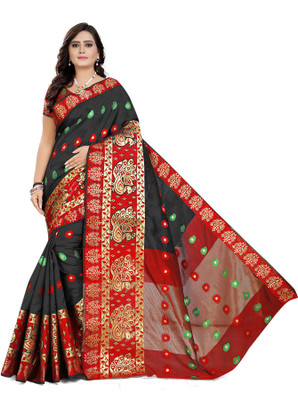 Cartyshop Self Design Banarasi Silk Blend, Cotton Blend Saree(Black)