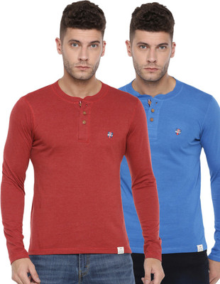 Force NXT Self Design, Solid Men Henley Neck Blue, Maroon T-Shirt