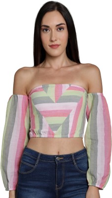 Zinnia Casual Cold Shoulder Striped Women Pink Top