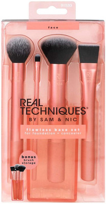 Real Techniques Flawless Base Makeup Brush Set of 4 Synthetic Bristles Includes: Contour, Detailer, Buffing & Square Foundation Brushes(Pack of 4)