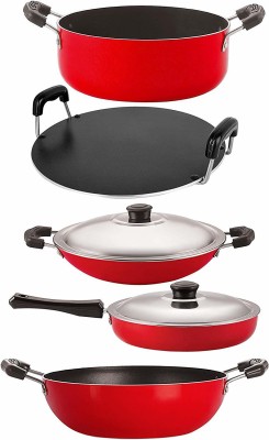 NIRLON Non-Stick Aluminium Cookware Set, 5-Pieces, Red and Black (26_FP12_KD14_CH_RT_Cass20) Non-Stick Coated Cookware Set(PTFE (Non-stick), Aluminium, 5 - Piece)