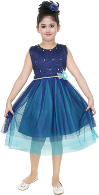 YAYAVAR Girls Midi/Knee Length Festive/Wedding Dress(Dark Blue, Sleeveless)