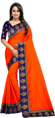 3SIX5 Solid/Plain Bollywood Art Silk Saree(Orange)