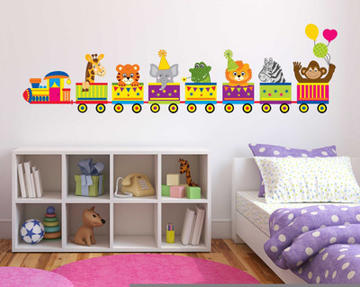 Wallzone 130 cm Colorful Jungle Animals Train Removable Sticker(Pack of 1)