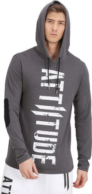 ATTIITUDE Printed Men Hooded Neck Grey T-Shirt