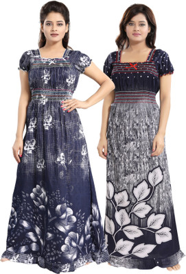 Mallinath Women Nighty(White, Dark Blue)