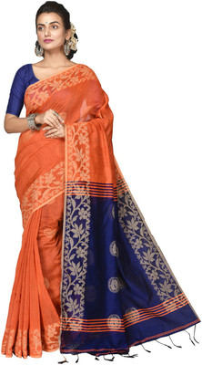 crochetin Woven Handloom Cotton Silk Saree(Brown, Blue)