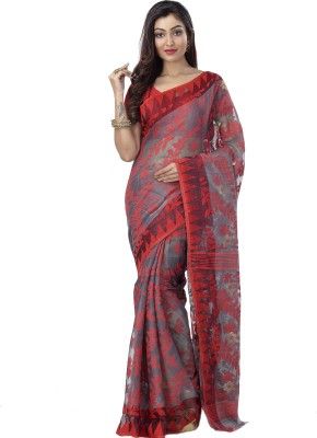 DipDiya Woven Jamdani Pure Silk, Pure Cotton Saree(Maroon, Grey)