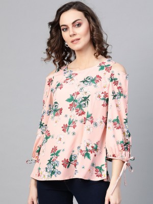 PANNKH Casual Cold Shoulder Floral Print Women Pink Top