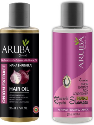 ARUBA Essentials Maha Bhringraj Black Seed and Onion Extract Hair Oil & Onion Conditioner Shampoo (200 ml Each) 400 ml - No Paraben(2 Items in the set)