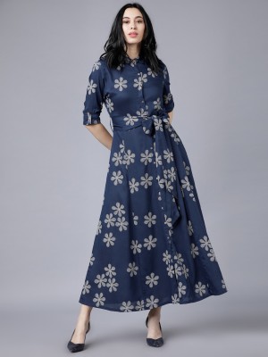 Vishudh Women Maxi Blue, Beige Dress