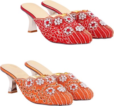 Zionk Women Heels(Red, Orange , 7)