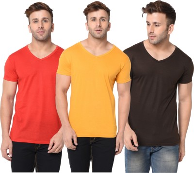 Adorbs Solid Men V Neck Red, Brown, Yellow T-Shirt