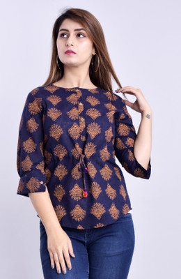 DUENITE Casual 3/4 Sleeve Printed Women Blue Top