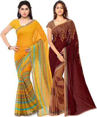 Anand Sarees Printed Daily Wear Georgette Saree(Pack of 2, Brown, Yellow)