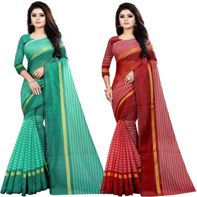 Aika Striped Daily Wear Cotton Silk Saree(Pack of 2, Green, Pink)