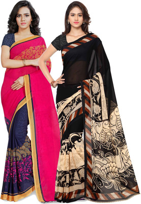 Anand Sarees Printed Daily Wear Georgette Saree(Pack of 2, Pink, Black)