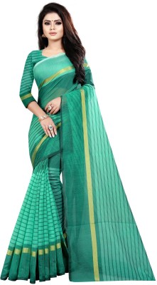 KV Fashion Striped Guntur Cotton Silk Saree(Green)