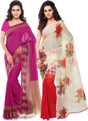 Anand Sarees Printed Daily Wear Georgette Saree(Pack of 2, Red, White)
