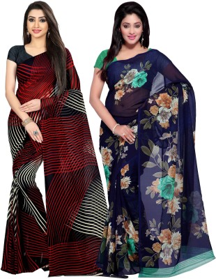 Anand Sarees Printed, Striped Daily Wear Georgette Saree(Pack of 2, Dark Blue, Black)