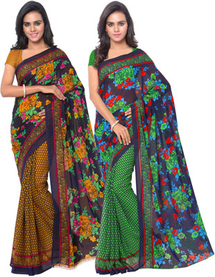 Anand Sarees Printed Daily Wear Georgette Saree(Pack of 2, Green, Yellow)