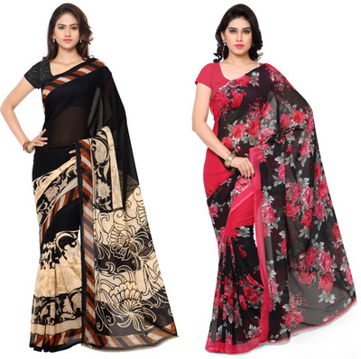 Anand Sarees Printed Bollywood Georgette Saree(Pack of 2, Dark Blue, Pink)