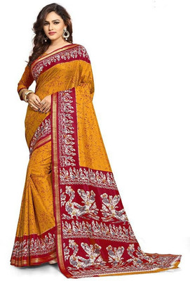 SGM Printed Hand Batik Art Silk Saree(Yellow)