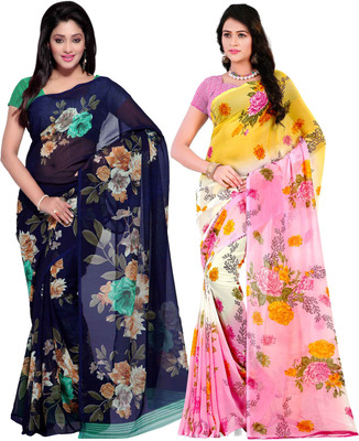 Anand Sarees Printed Daily Wear Georgette Saree(Pack of 2, Dark Blue, Pink)