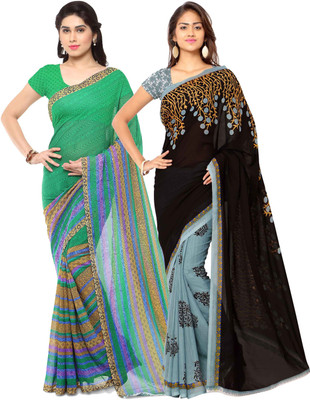 Anand Sarees Printed Daily Wear Georgette Saree(Pack of 2, Green, Black)