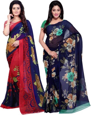 kashvi sarees Printed Daily Wear Georgette Saree(Pack of 2, Dark Blue)