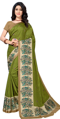 AJS Printed Assam Silk Art Silk Saree(Dark Green)
