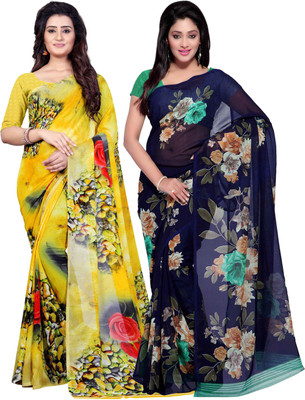 Anand Sarees Printed Daily Wear Georgette Saree(Pack of 2, Dark Blue, Yellow)