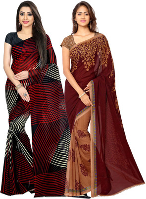 Anand Sarees Printed, Striped Daily Wear Georgette Saree(Pack of 2, Maroon, Black)