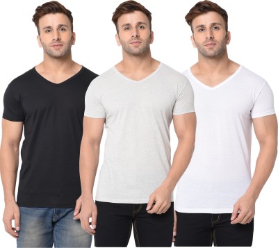 Jangoboy Self Design, Solid Men V Neck White, Black, Grey T-Shirt