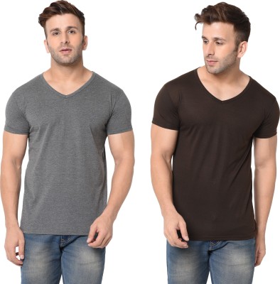 Jangoboy Solid Men V Neck Brown, Grey T-Shirt